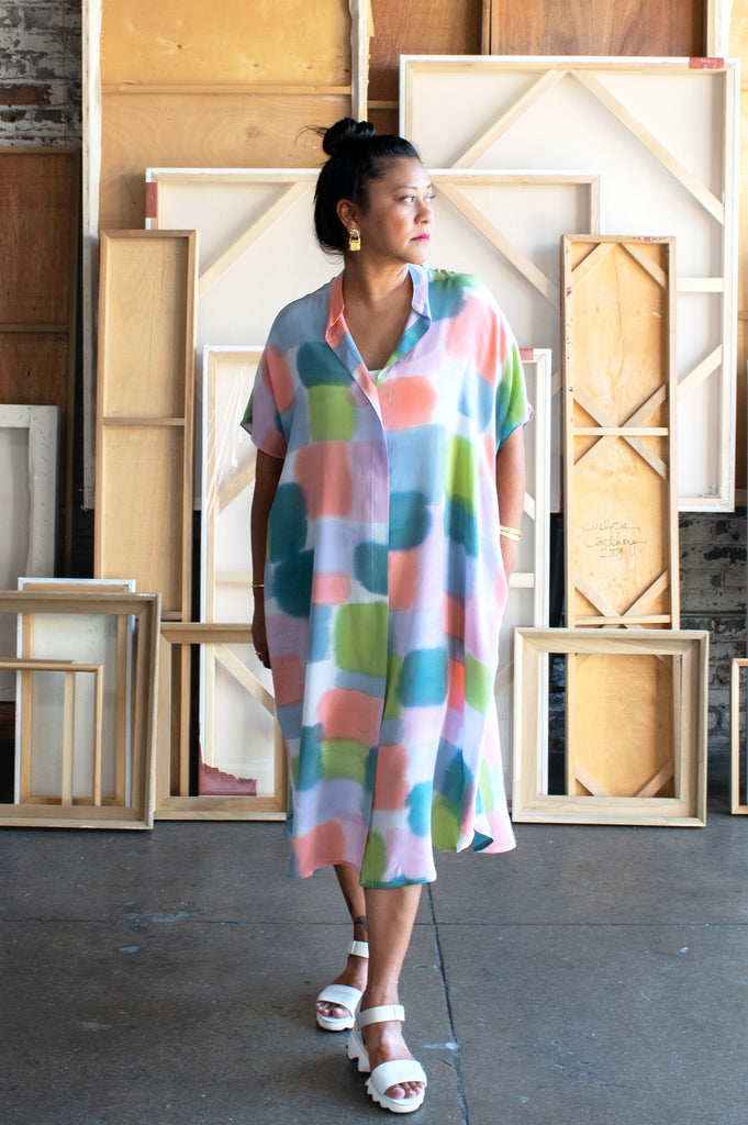 Hand Painted Cassidy Silk Shirt Dress - Color Blocks Medium Hand Painted Cassidy Silk Shirt Dress - Color Blocks Medium