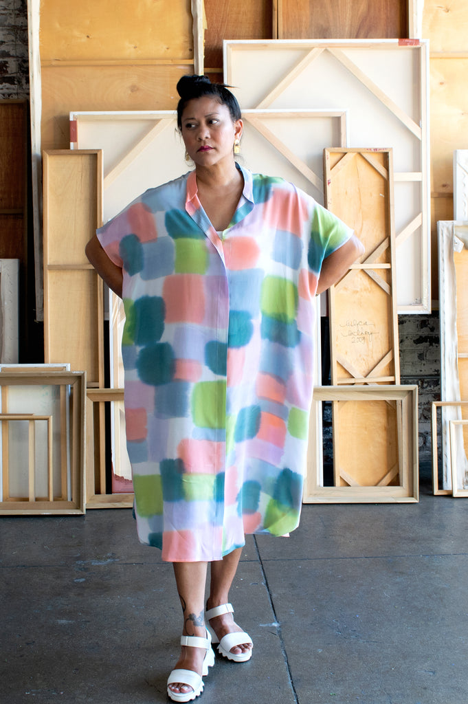 Hand Painted Cassidy Silk Shirt Dress - Color Blocks